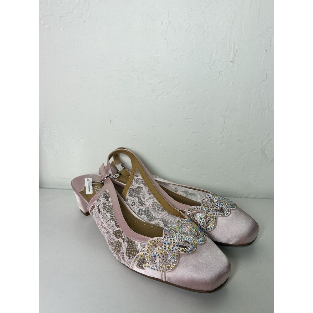 J. Renee 8W Pink Fabric Faleece Slingback Low Block Heel w/Rhinestone Tr